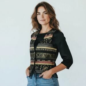 Vintage Joujou Vest Women's Large Black Gold Silver Filagree Fringe 3 Button